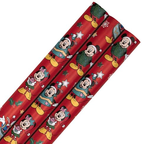 Hallmark Papel de regalo, rollo de envoltorio, paquete de 3, Disney, Mickey Mouse, Minnie Mouse, Navidad, rojo, 4 m cada uno