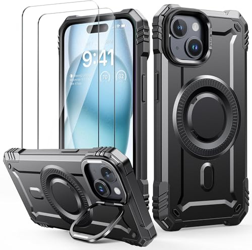 Lanhiem für iPhone 15 Hülle mit 2 Stück Panzer Glas Kompatibel mit MagSafe, Kamera Ständer Magnetisch Handyhülle für iPhone 15 Schutzhülle Stoßfest Militärschutz Case, Schwarz