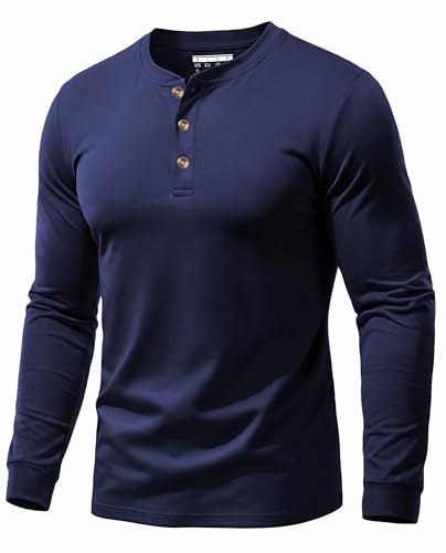 EKLENTSON Men's Long Sleeve Tee Shirts Henley Casual 3 Button T-Shirt Cotton Lightweight Henley Pullover Solid Basic Tshirt Navy, L