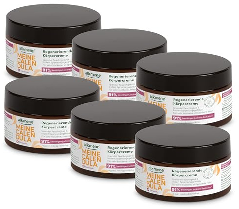 alkmene 6x Regenerierende Calendula Creme für strapazierte & trockene Haut 200 ml - Vegane Hautcreme lindert Juckreiz - Körpercreme sehr trockene Haut - Bodybutter