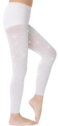 FANCAME Girls Footless Sparkle Rhinestone Tights, Ballet Dance Tights for School Students Kids (2-4Y, White)