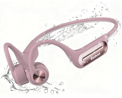 KIM HOST Bone Conduction Swimming Headphones, IP68 Waterproof Headphones with MP3 Player 32G Memory Wireless Sport Earphones, Open Ear Headphone Built in Mic for Running, Swimming, Cycling (Pink)