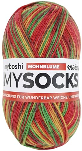 myboshi mysocks Merino, extra weiche 4-fädige Merino-Sockenwolle, 75% Schurwolle, 25% Polyamid, filzfrei, 100g, 420m Rot (Mohnblume), 1 Knäuel