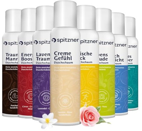 Spitzner Duschschaum Entdecker-Set (8 x 150 ml) – dermatologisch getestete und vegane Duschschäume - Citrus Ceder, Acai Yuzu, Creme, Energy, Passion, Lavendel, Pure Man, Balance