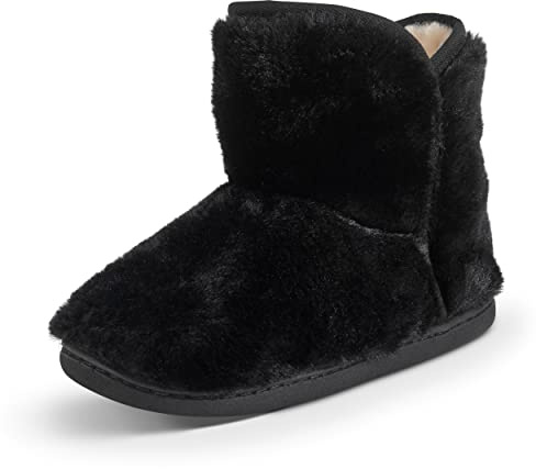 Polar Womens Memory Foam Indoor Faux Fur Fleece Bootie Rubber Sole Comfort Outdoor Anti Slip Durable Slippers - Black Fur - AYC0862 - EU39/UK6