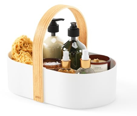 Umbra Bellwood Caddy, Organizer Bin for Makeup and Cosmetics, Durable Lightweight Container with Wooden Handle and Removable Dividers, Small, White/Natural