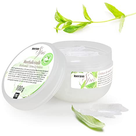 Cristaux de menthol BAYZID® SPA pour infusion de sauna, 100% menthe naturelle. Boite de 100 grammes avec cuillère doseuse