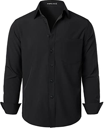 PARKLEES Herrenhemd, normale Passform, einfarbig, knitterfrei, langärmelig, lässige Geschäftshemden mit Knopfleiste und Tasche, Schwarz , XL