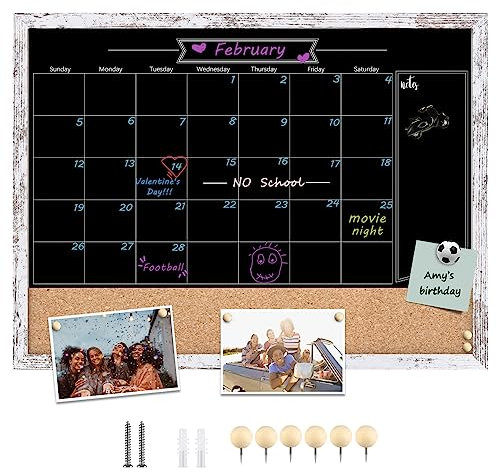 TORASO Pizarra magnética con calendario y tablero de corcho, 18 x 24 pulgadas, combinación de pizarra de tiza y tablón de anuncios, pizarra con marco blanco vintage, calendario/tablero combinado de
