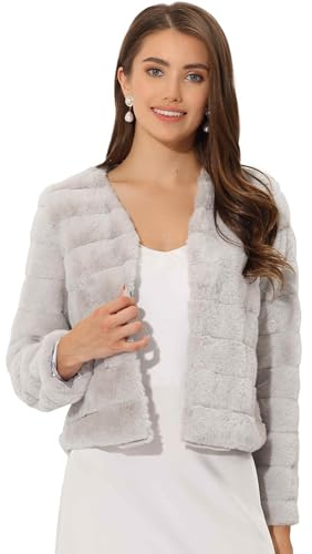 Allegra K Women's Faux Fur Coat Long Sleeve Cropped Fluffy Jacket Collarless Casual Winter Warm Outwear Small Light Gray