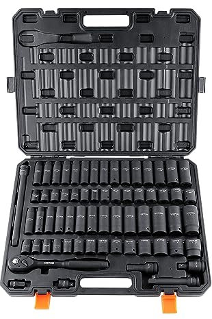 VEVOR Jeu de Douilles à Choc 1/2 Jeu de 58 Douilles à Impact avec Outil à Cliquet 6 Pans en Acier Allié CR-V HRC 42-48 Solide Repère de Taille Facile avec Mallette de Transport pour Réparation Auto