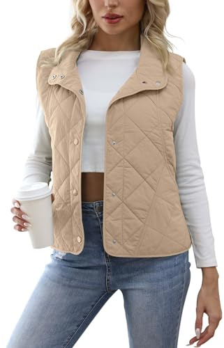 PEKMRMN Khaki Quilted Vest for Women Lightweight Sleevesless Stand Collar Button Down Fall Winter Outerwear Vests with Pockets (M)