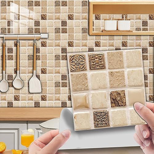 Piastrelle Adesive Cucina Mosaico Astratto Beige Piastrelle Adesive Bagno Impermeabili Prova Olio Paraschizzi Cucina Adesivo per Guardaroba Tavolo Pavimento Mattonelle Adesive 10 Pezzi/20x20cm