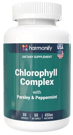 HARMONIFY Chlorophyll Capsules 450mg with Vitamin C, Natural Chlorophyll Pills for Women & Men – Highly Bioavailable Chlorophyll Supplement – 120 Capsules