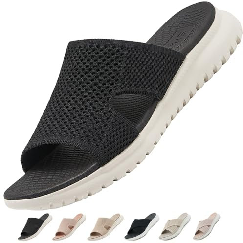 ZDQ Sandalen Damen Sommer Bequem Orthopädische Pantoletten Leichte Hausschuhe Elegant Schlappen Casual Slipper Schwarz 38