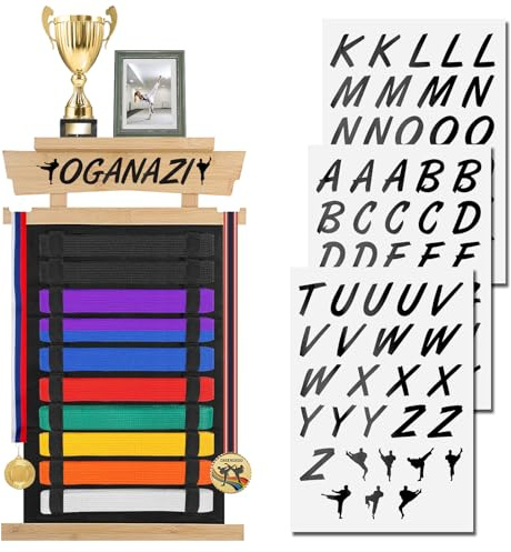 OGANAZI 10 Belts Karate Belt Display Rack with Personalized Stickers, Taekwondo Belt Display Holder with Bamboo Trophy Rack, Felt Martial Arts Belts Display Holder for Taekwondo, Karate, BJJ Gifts