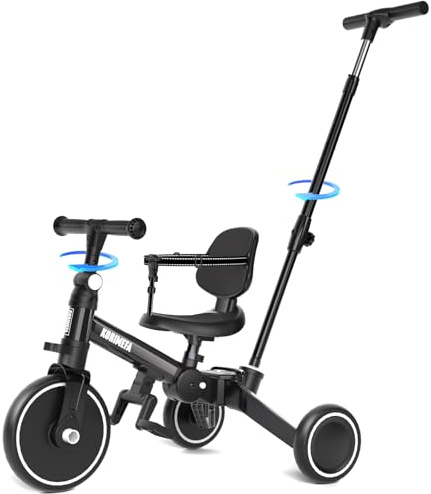 KORIMEFA Bicicletta per bambini, Triciclo a 3 ruote per bambini da 1-3 anni,maniglia di spinta, pedale rimovibile,schienale,maniglia di guida per i genitori,Natale per il primo compleanno (Nero)