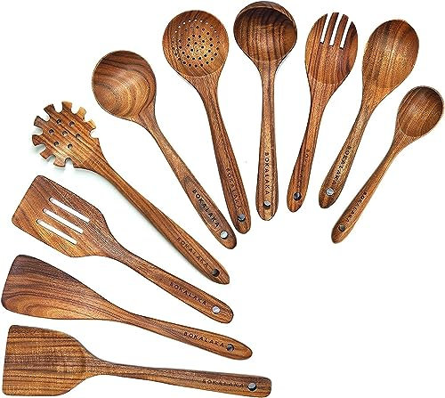 Wooden Spoons for Cooking,10Pcs Wooden Utensils, Teak Kitchen Utensil Set, Natural Teak Kitchen Utensils Set, Wooden Cooking Utensils