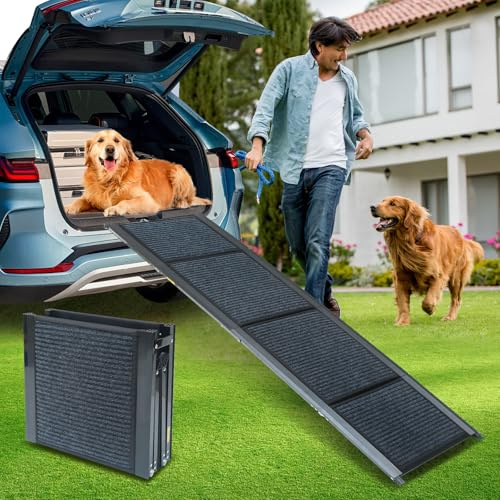 PawStep 63” x 17” Foldable Aluminum Dog Ramp – 63-Inch Length for Standard Cars & SUVs, 250 lb Capacity, Lightweight Four-Fold Portable Pet Ramp (51014)