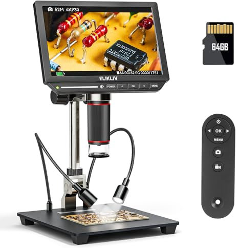 Elikliv EM4K 8 4K Digitales Mikroskop, Münzmikroskop 2000x, 52MP HDMI Mikroskop, Lötmikroskop für Erwachsene, LCD Mikroskops für Elektronikreparatur, 3840P UHD Video Mikroskops, 10 Stand, 64G