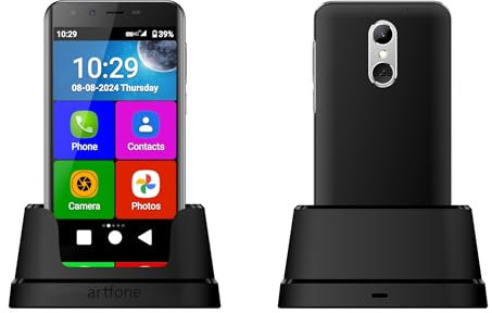 Teléfono Móvil para Personas Mayores 4G, Smartphone Artfone Smart_500, Senior, Botón SOS, Iconos Grandes, Base de Carga, Modo Sencillo, Volumen Alto, Batería 2550 mAh (Smart-500-Negro-2024)