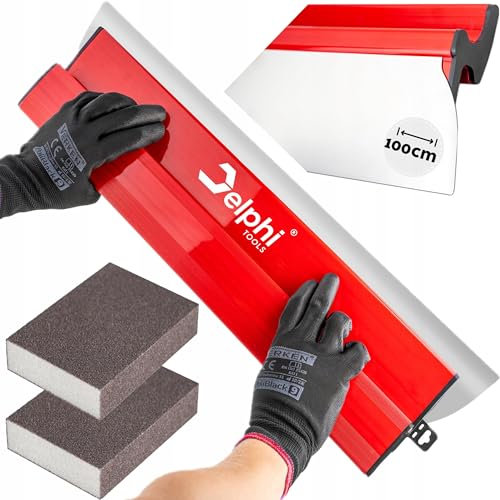 DELPHI Espátula de superficie 100 cm Cuchilla de acero inoxidable 0,3 mm Herramienta para grandes superficies y paredes con 2 esponjas de lijado 120 Grit