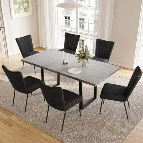 JIEXI Utdragbart matbord 4–6-sits, matbord förlängnings- och stolsset, MDF-material modern, lämplig för vardagsrum, kök, längd 130–170 cm (bord + 6 sekunder svarta stolar)