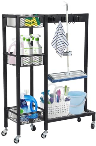 Carrello di pulizia 85 × 42 × 30 cm – Carrello di pulizia mobile con porta mocio e porta scopa, 6 ruote (tutte con freno), 6 supporti e 2 ganci doppii, 3 ripiani, trolley per la casa e la pulizia (85