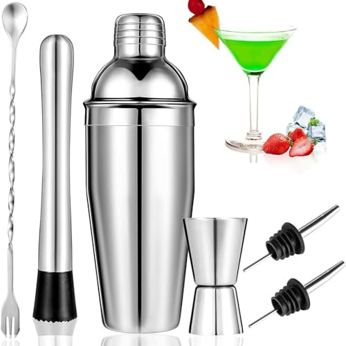Cocktail Shaker Set 750ml Cocktailshaker Martini Shaker mit eingebautem Sieb - Professionelles Edelstahl Barkeeper Set inkl Messbecher, Bar-Löffel - Für Martini, Silber