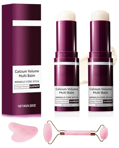 KUNAL 2pcs Calcium Multi Balm Stick with Facial Roller Set,Calcium Volume Multi Balm,Wrinkle Core Stick, Korean Collagen Moisturing,Hydrating, Firming Skin, Suitable for Eyes, Neck, Face