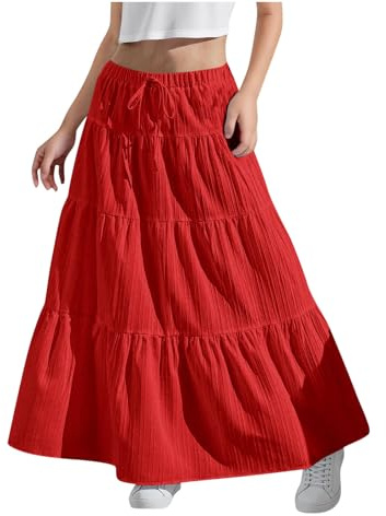 Slxbear Jupes maxi d'été plissées longues et fluides à taille haute - Jupe décontractée - Jupe de voyage évasée - Tenue scolaire pour enfants de 4 à 15 ans, #01 Rouge, 10-11 ans