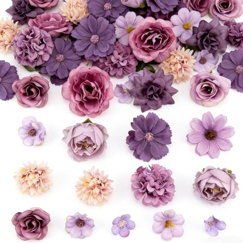 CATZUM 20 pezzi di teste di fiori artificiali, mini fiori di seta per torte fai da te, bouquet decorativi da sposa, pannelli da parete per feste e matrimoni, finti per primaverili (Lilla Bianco)