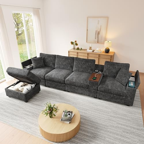 LPdorbe 313 cm Canapé d'angle en Forme de L,Canapé 5 Places avec Ports USB et Type-C,Table Basse pivotante 360°,Rangement dans accoudoir,Revêtement Chenille–Salon,Chambre,Bureau,Gris