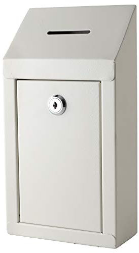 Metal Donation & Collection Office Suggestion Secure Box With Top Coin Slot and Lock - Easy Wall or Counter Mount (Off White)