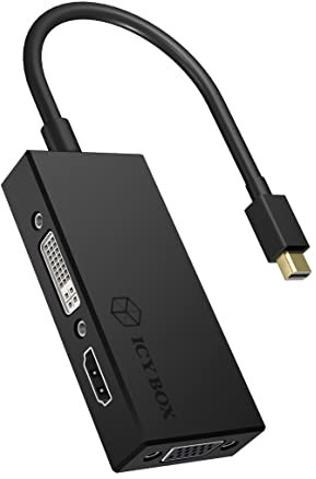 ICY BOX IB-AC1032 3-in-1 Adapter Mini DisplayPort (Stecker) auf HDMI (4K Ultra HD), DVI-D oder VGA (Full HD) schwarz