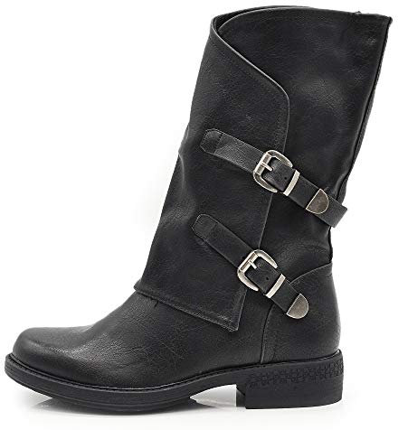 IF Fashion Scarpe da Donna Stivali Stivaletti Biker Fibbie Anfibi Polpaccio Largo G620 Nero 38