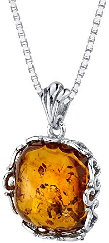 PEORA Genuine Baltic Amber Cushion Cut Pendant Necklace for Women 925 Sterling Silver, Rich Cognac Color, Designer Scroll Gallery with 18 inch Chain, Real Baltic Amber Necklace for Adults,