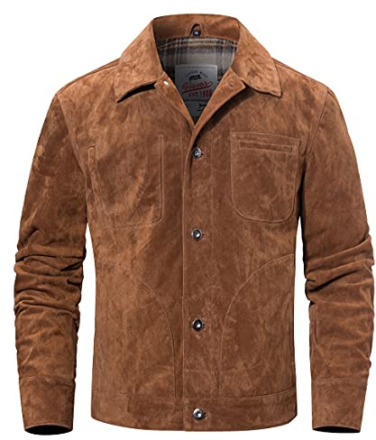 FLAVOR Men's Suede Leather Jacket Trucker Coat (X-Large, Brown)