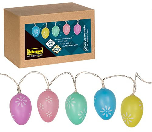 Idena 31273 - LED Lichterkette für Ostern, mit 10 LEDs in Warmweiß, Ostereier mit Blumen Muster, 6 Stunden Timer Funktion, batteriebetrieben, ca. 1,2 m lang, Deko für Innen, Osterdeko, Frühling