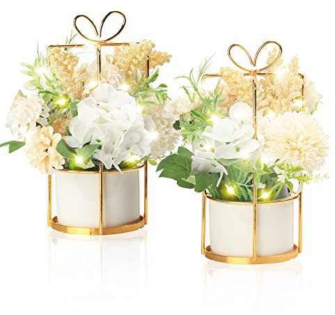 BEGONDIS Set of 2 LED Artificial Flowers Potted Fake White Flowers Hanging Potted Plants For Home Living Room Office Party Decor Decoration
