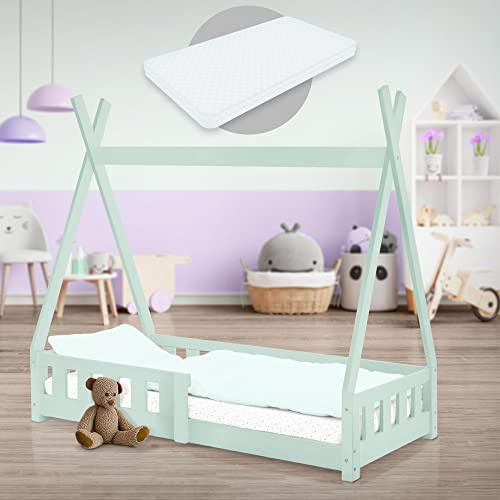 ML-Design Lit Enfant Tipi 70x140 cm Menthe avec Matelas à Mousse Froide Polyester, Housse Amovible, Sommier à Lattes, Anti-Chute, Lit Style Indien en Bois de Pin Massif, Protection Contre Les Chutes