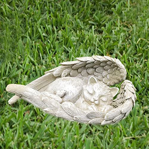Lergas Figurine de chat de jardin avec ailes d'ange, pierre commémorative pour animaux de compagnie, chat et chien, ange - Décoration funéraire - Décoration de jardin pour l'extérieur - Statue