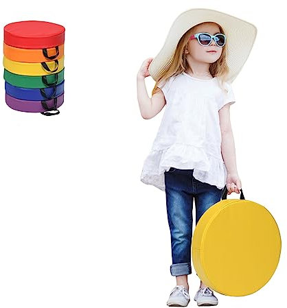 LIFEZEAL 6er Set Kinder Stuhlkissen, 6 Farbige Sitzkissen mit Griff, Stapelbare Bodenkissen aus Schaumstoff, Kinder Ruhekissen Rund/Rechteckig, für Kinderzimmer (Rund)