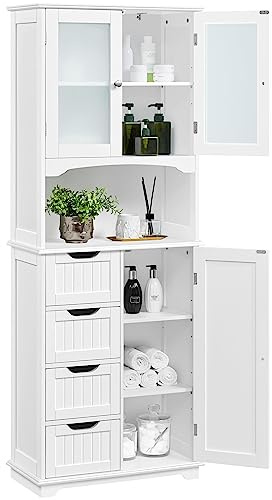 Yaheetech Tall Bathroom Floor Cabinet with 4 Drawers and Glass Doors, Freestanding Storage Cupboard Unit with Adjustable Shelves for Bathroom Kitchen Living Room