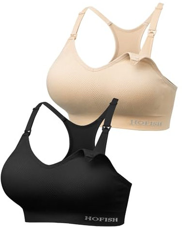 HOFISH Stützender Still-Sport-BH, nahtlos, mittlere Stützkraft, Racerback, gepolsterter Still-BH für die Schwangerschaft, 2er-Pack, Schwarz und Beige, Groß