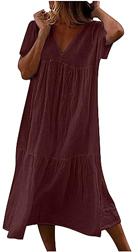 Vestidos Verano Mujer 2024,Corte Suelto Vestido Mujer con Cuello en Pico Moda Color Solido Vestido Largo Verano Mujer Plisado Vestidos Playeros de Manga Corta Informal Maxi Vestidos