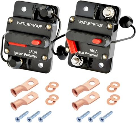 Bolipoeq 150Amp Circuit Breaker DC 12V-48V for Marine Boat Trolling Motor Automotive RV Trailer Car Solar System Battery Disconnect with Manual Reset Switch, IP67 Waterproof (Pack of 2)