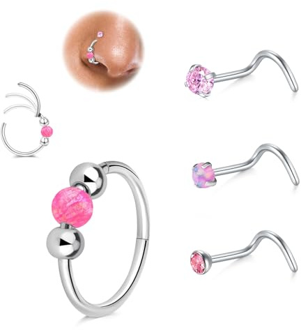 LAURITAMI 3PCS Nose Rings Hoops Nose Stud Silver Set, Stainless Steel 18G Opal Nose Rings 20G Nose Studs Screws L-shaped Nose Studs for Women Septum Rings 8mm/10mm Nose Piercing Jewelry