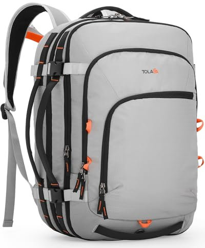 Tolaccea Reiserucksack, Handgepäck Flugzeug, TSA Freundlich Handgepäck Rucksack 35L-45L, Travel Backpack für 15,6 Zoll Laptop, Reise Rucksack für Weekender Trip (Hellgrau)