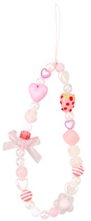 Tabanzhe Cute Pink Mobile Phone Beaded Pendant Anti Lost Strawberry Flower Phone Chain Lanyard Wrist Strap for Women Girls